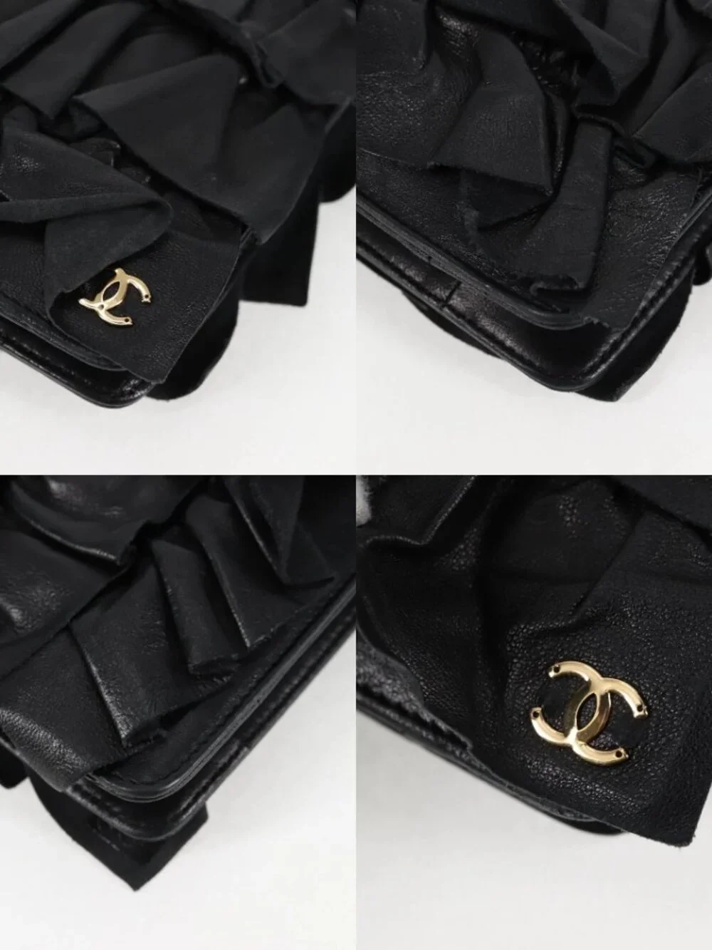 CHANEL Chain Gathered Hand Bag Lamb Skin Black Gold CC Auth yk18016M